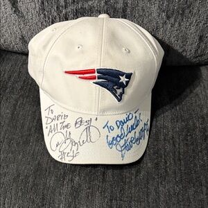 White Cap with Embroidered Logo and Signatures Steve Grogan and Andre Tippett